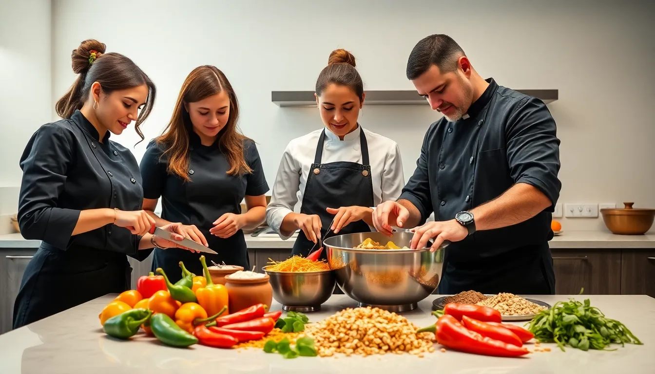 chefs preparing ingredients for Fudholyvaz in a modern kitchen.