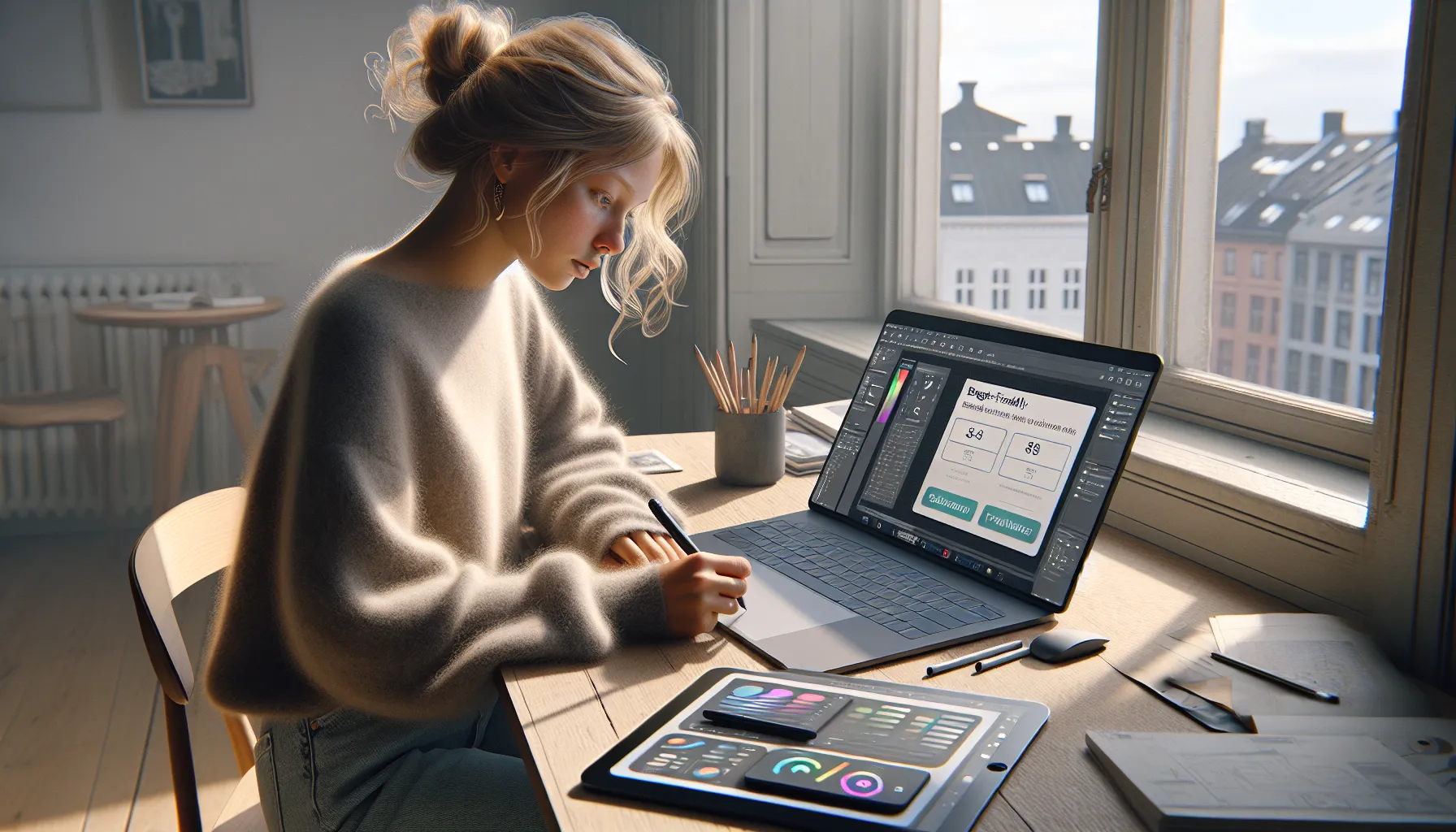 Norwegian student comparing budget design apps on laptop and tablet at home desk.