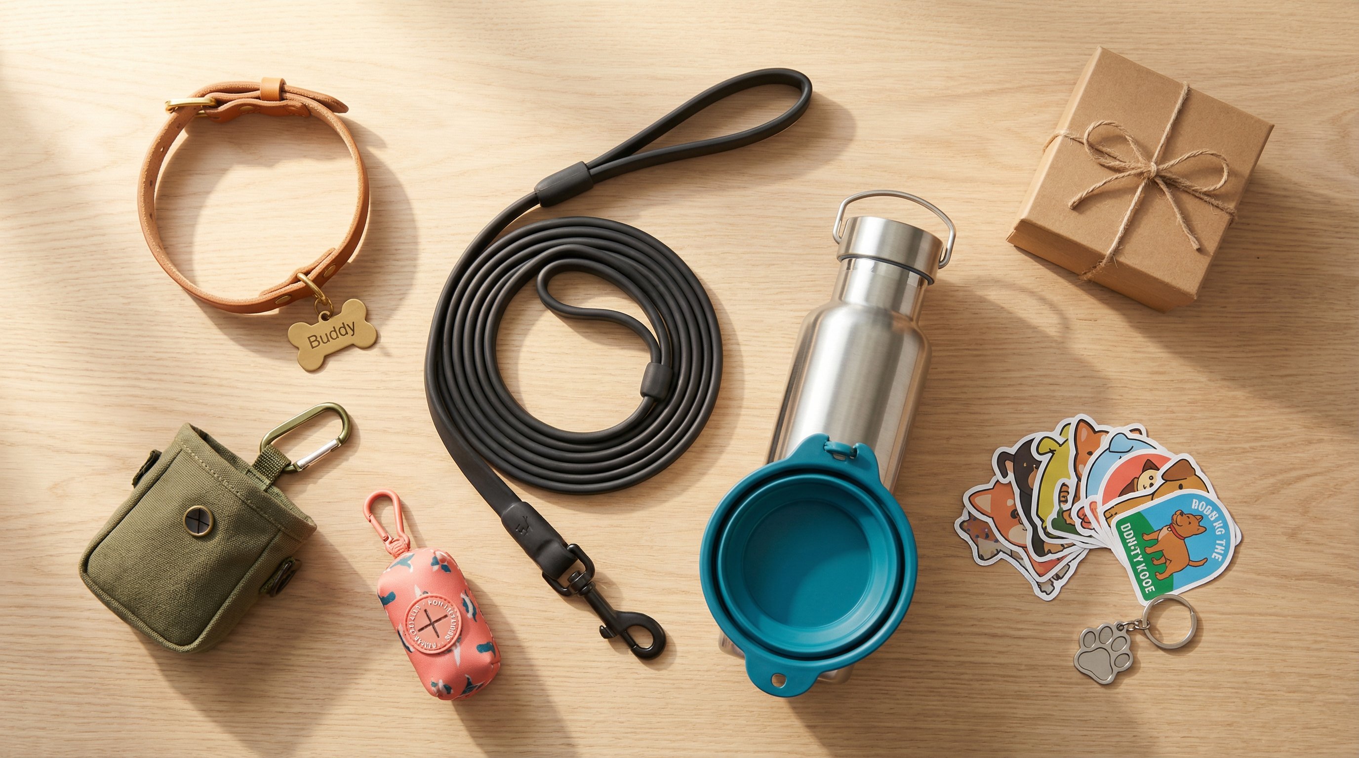 Flat-lay of practical dog gear gifts including a leash, water bottle, and collar.