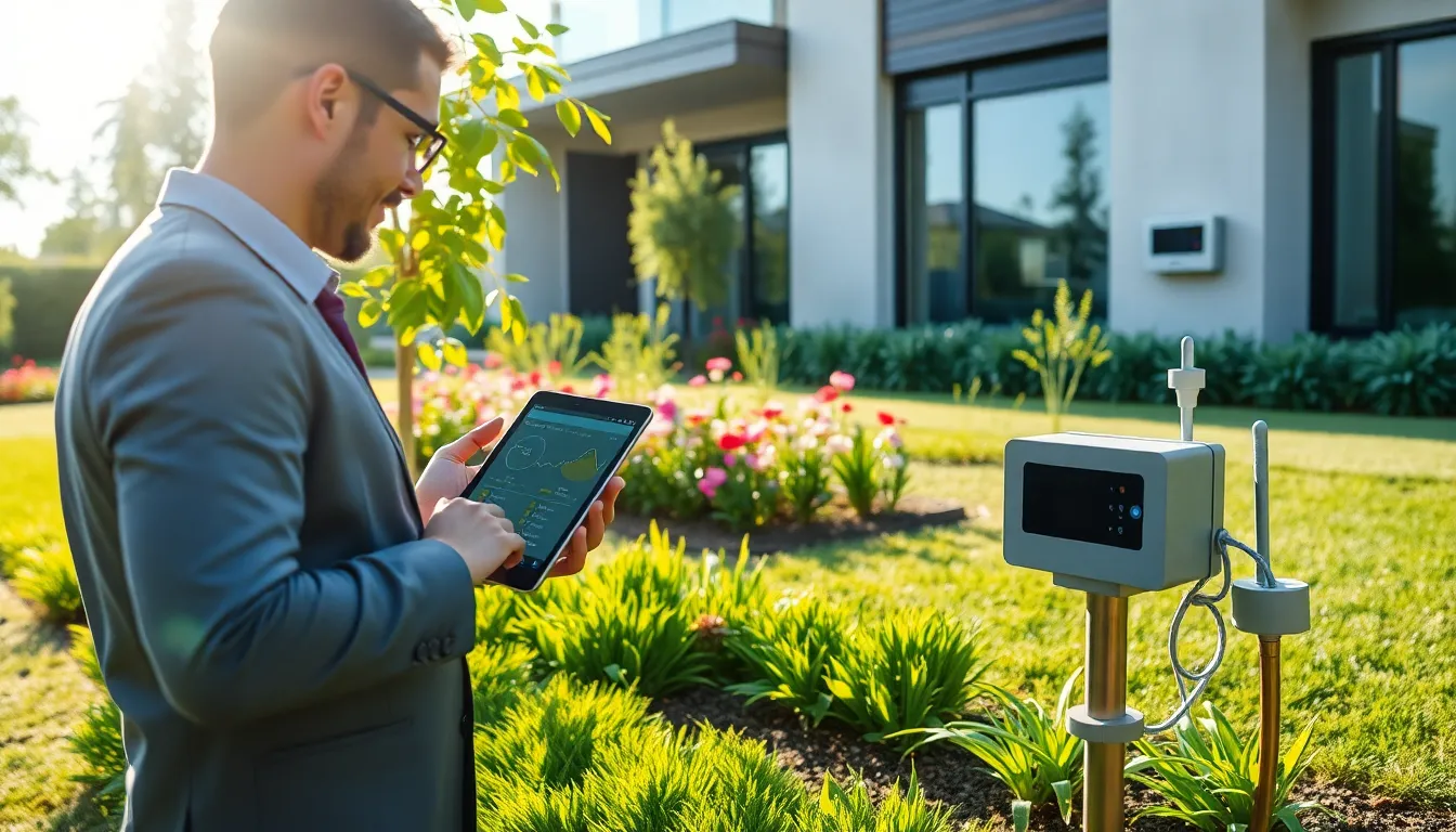 professional inspecting a smart irrigation system in a modern garden