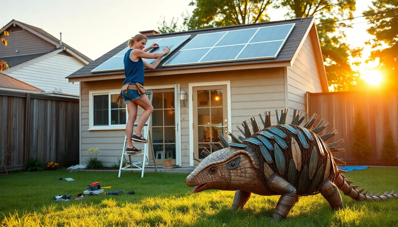 a woman installing solar panels on a house rooftop with a pangolin-shaped structure nearby.