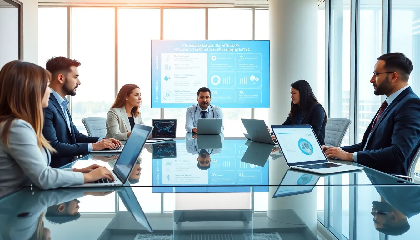 diverse team discussing HCS 411GITS software in a modern office.