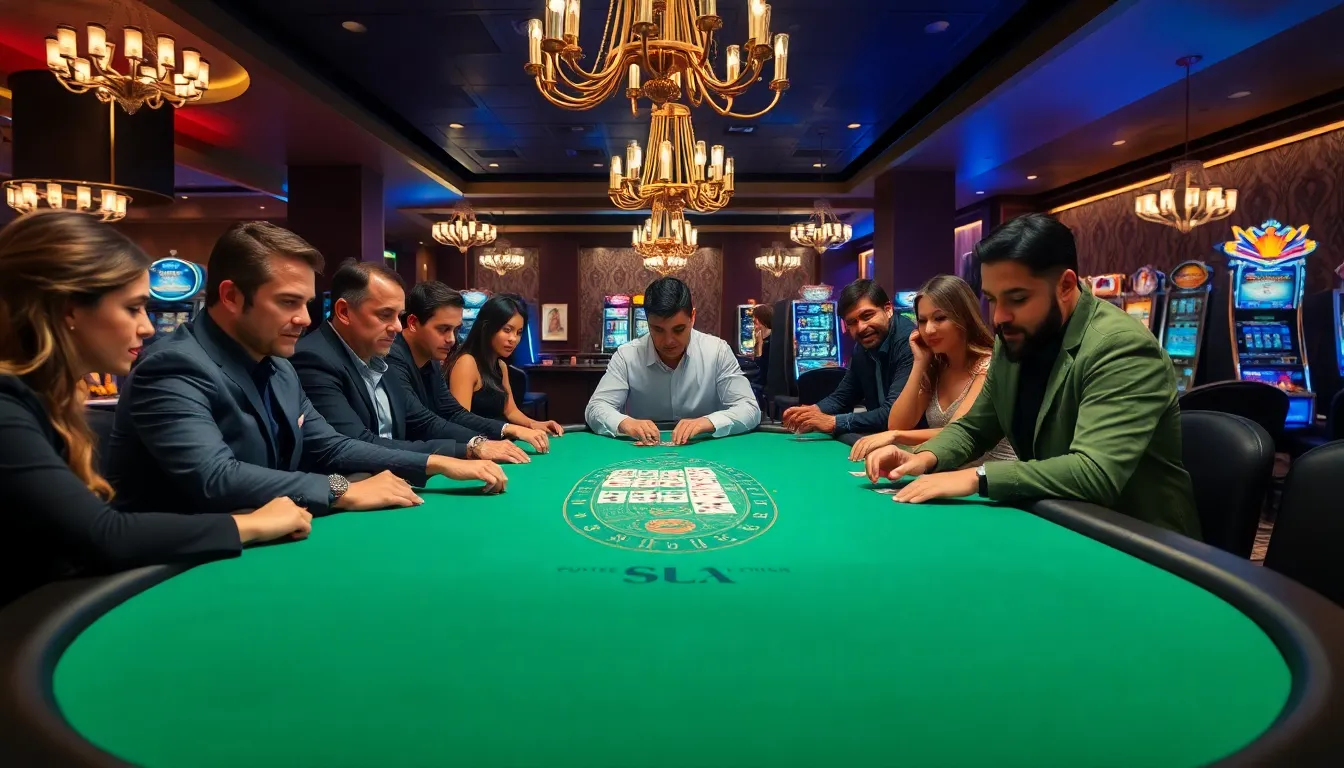 diverse players engaged at a blackjack table in a casino.