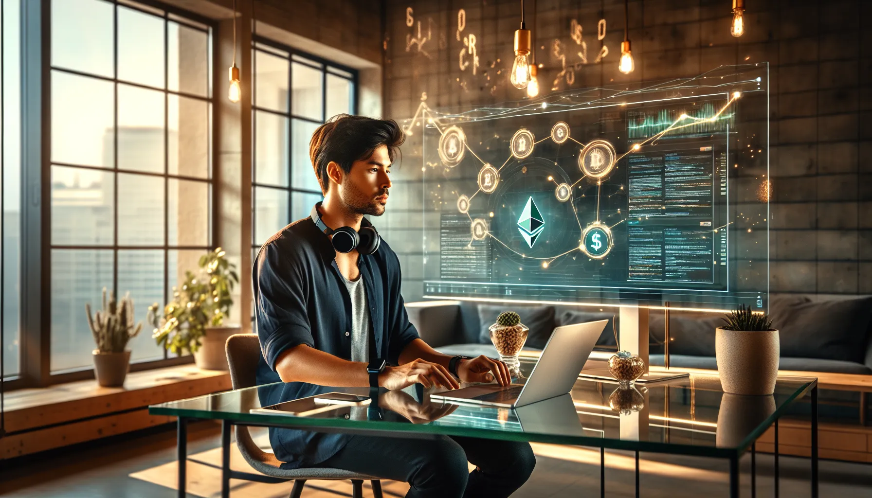 DeFi (Decentralized Finance) 1 Professional using computer displaying DeFi blockchain interface with smart contracts and cryptocurrency wallets.