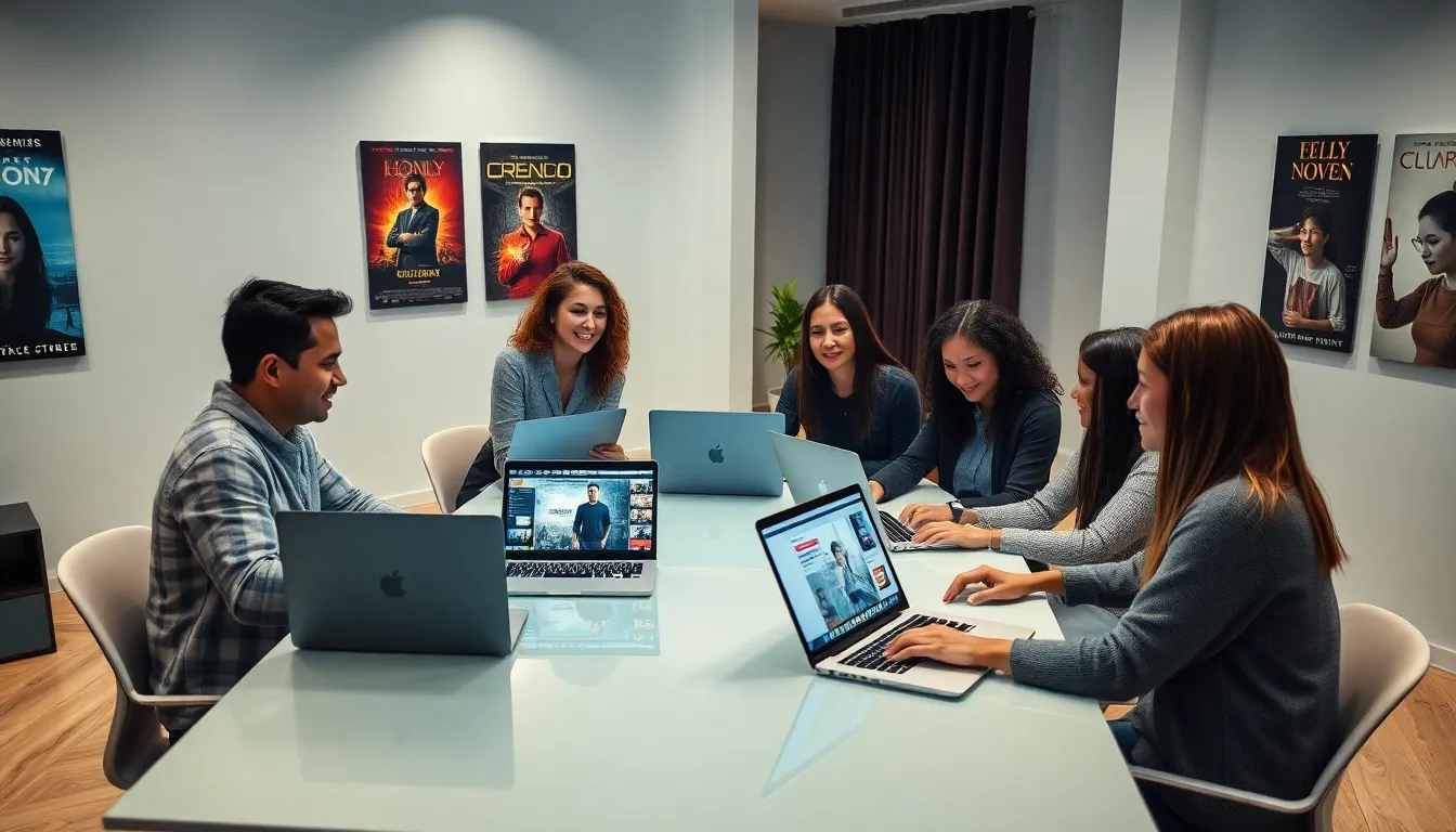 diverse team collaborating on film streaming project in modern office.
