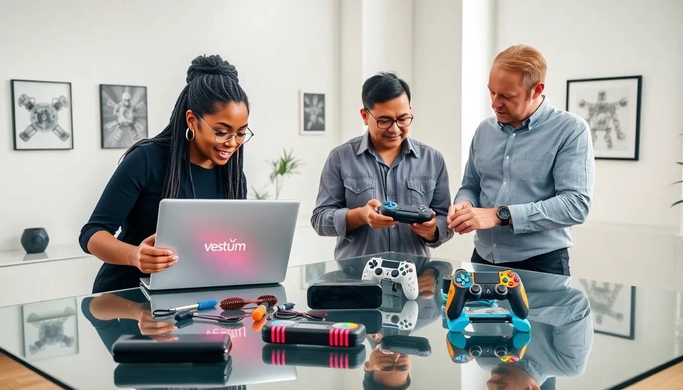 diverse tech team collaborating on gadget patchers in a modern office.