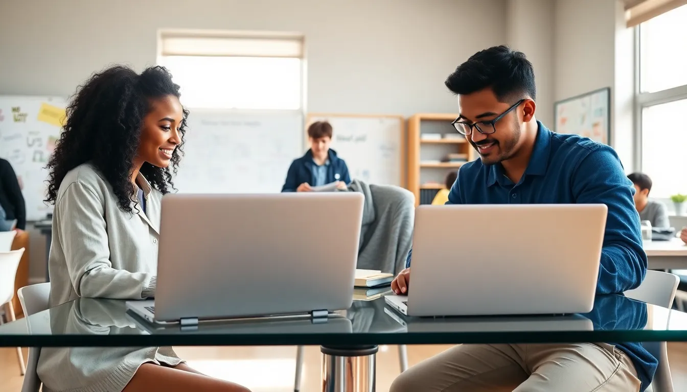 students collaborating with educational laptops in a modern classroom setting.