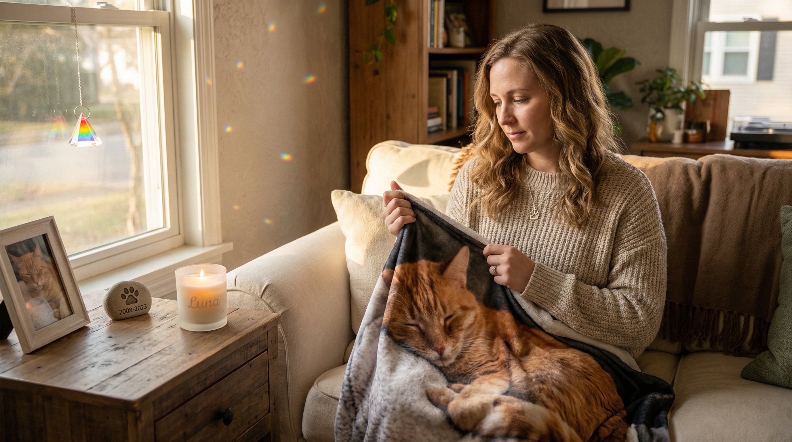 Woman holding a custom cat memorial blanket surrounded by personalized keepsakes at home.