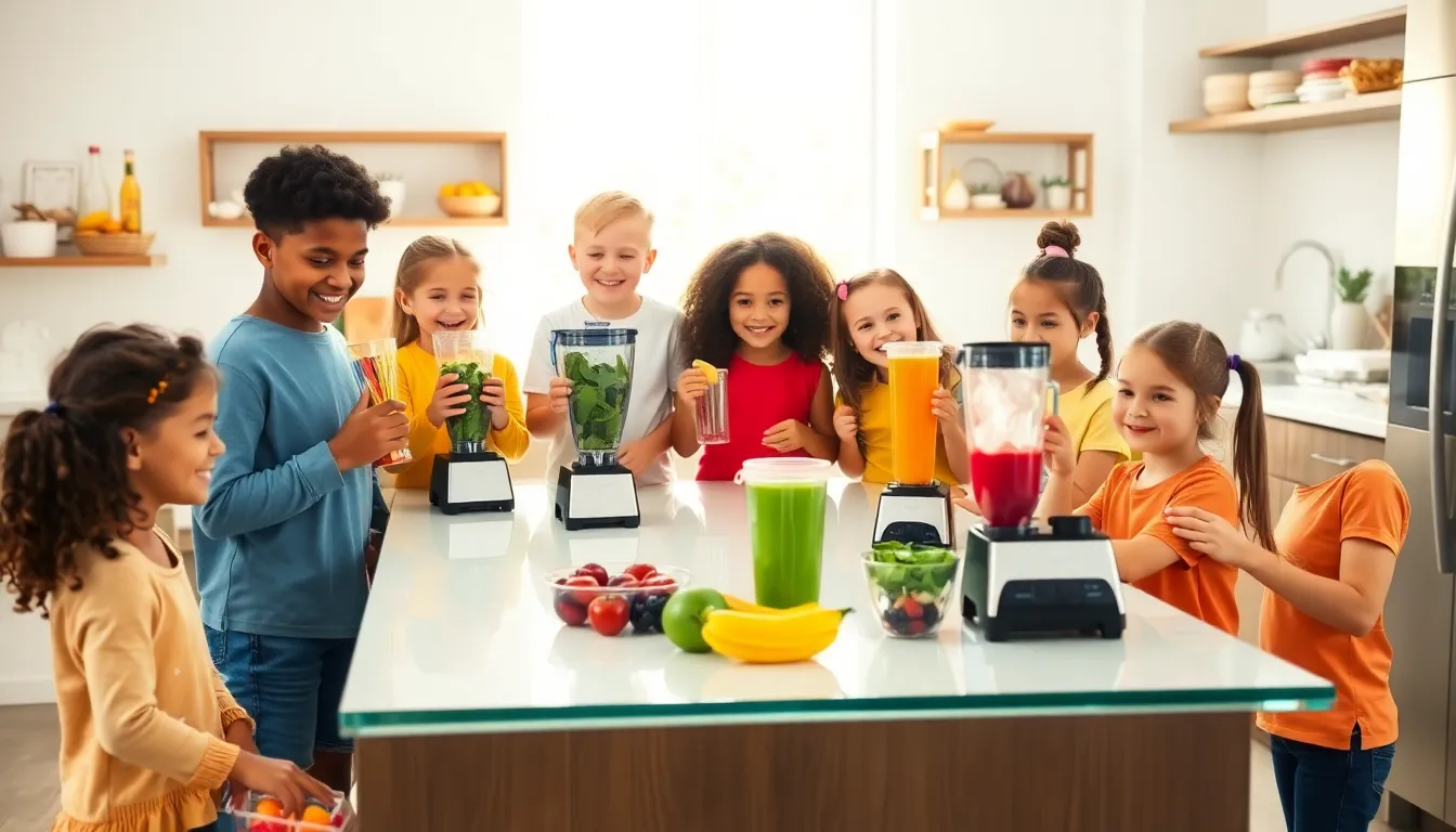 children preparing colorful nutrition shakes in a modern kitchen.