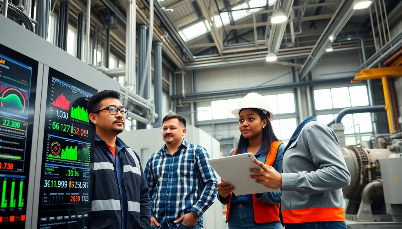 engineers monitoring power machinery in a modern industrial facility.