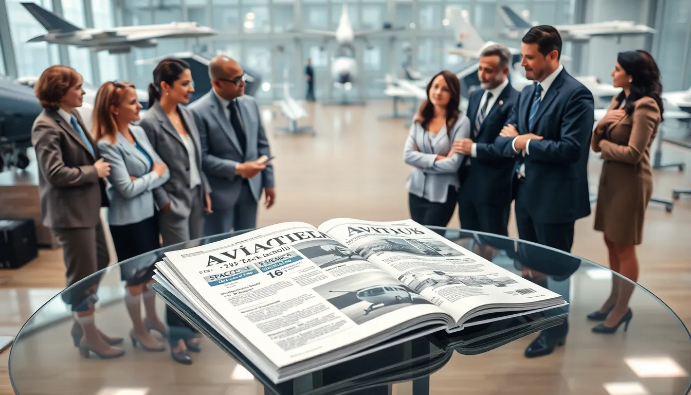 diverse professionals discussing aviation and space technology in a modern office.