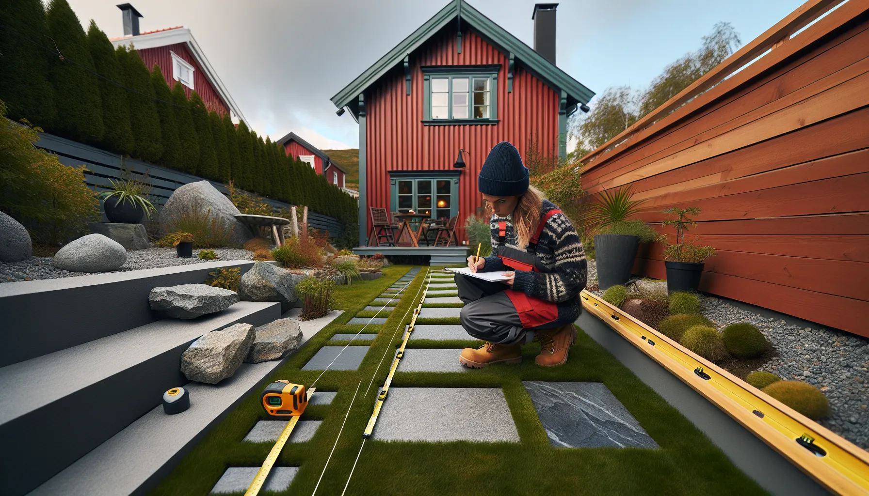 Homeowner marking a curved garden path with rope, stakes, and stone samples.