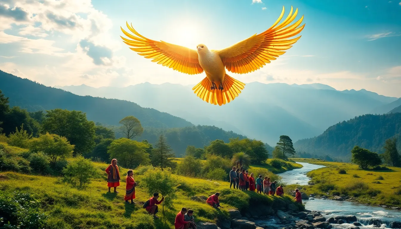 An illustration of the mythical bird Bhaksunda protecting nature.
