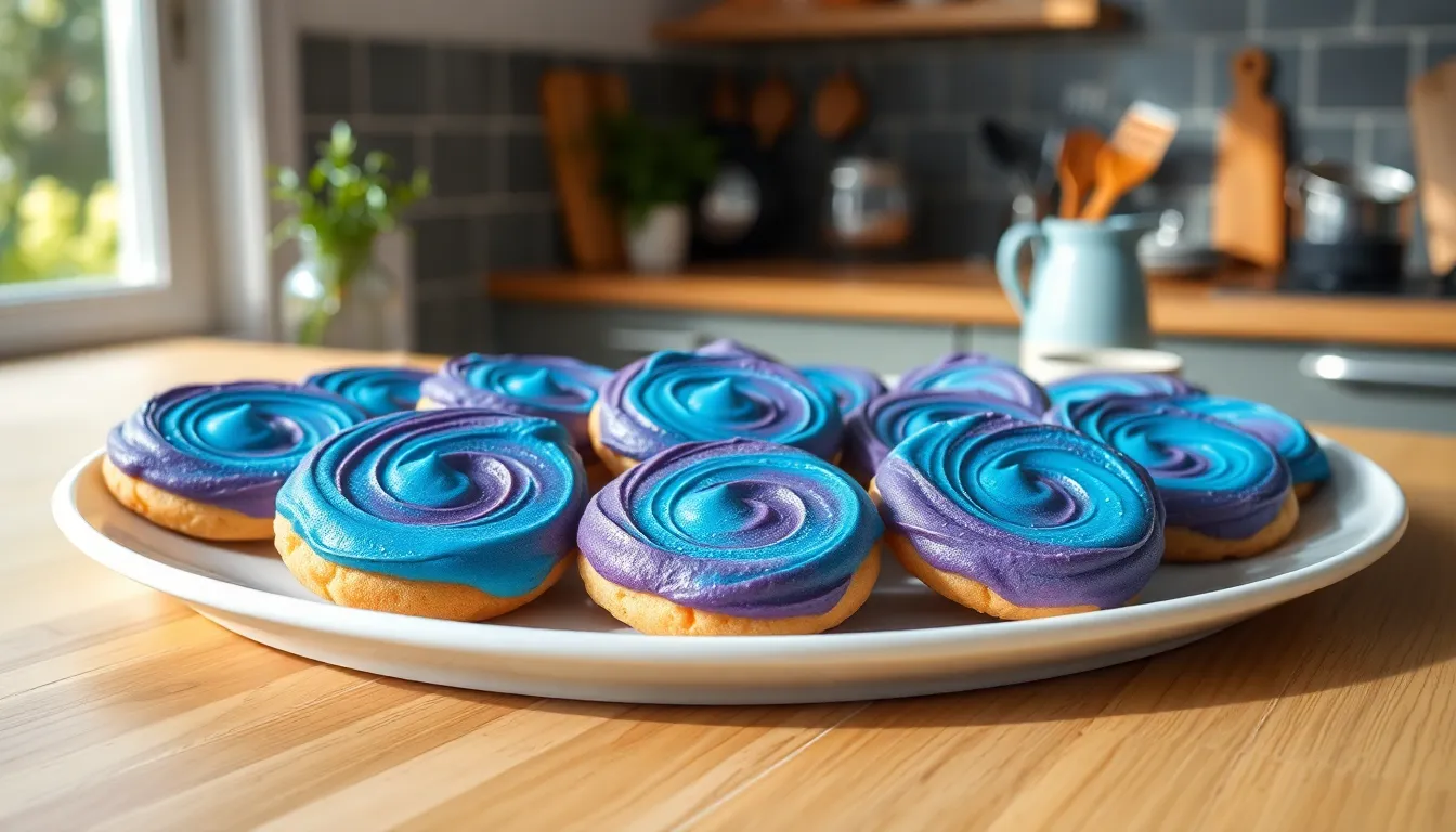 colorful nebula-inspired cookies on a white plate.