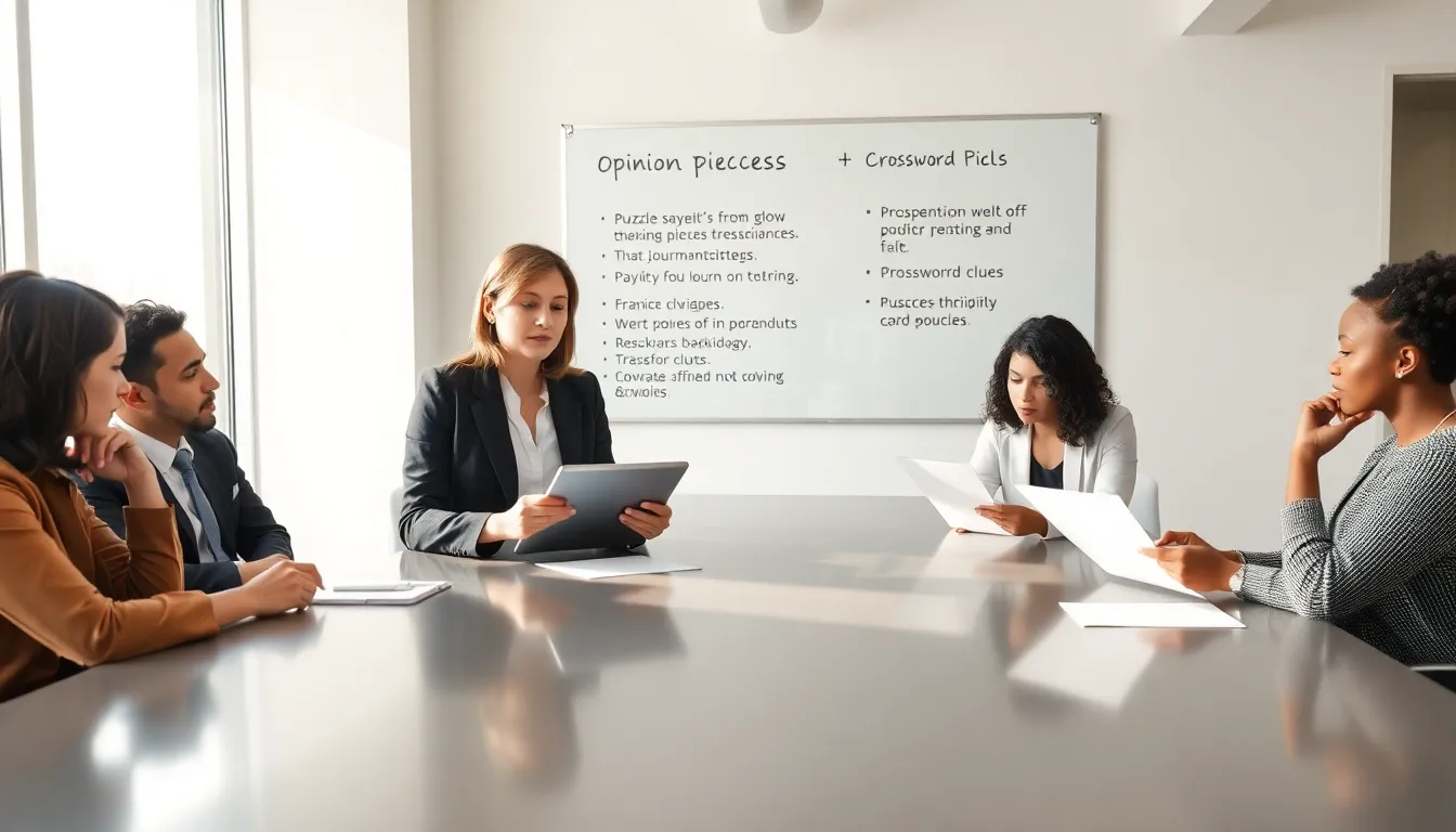 diverse team discussing opinion pieces in a modern office.