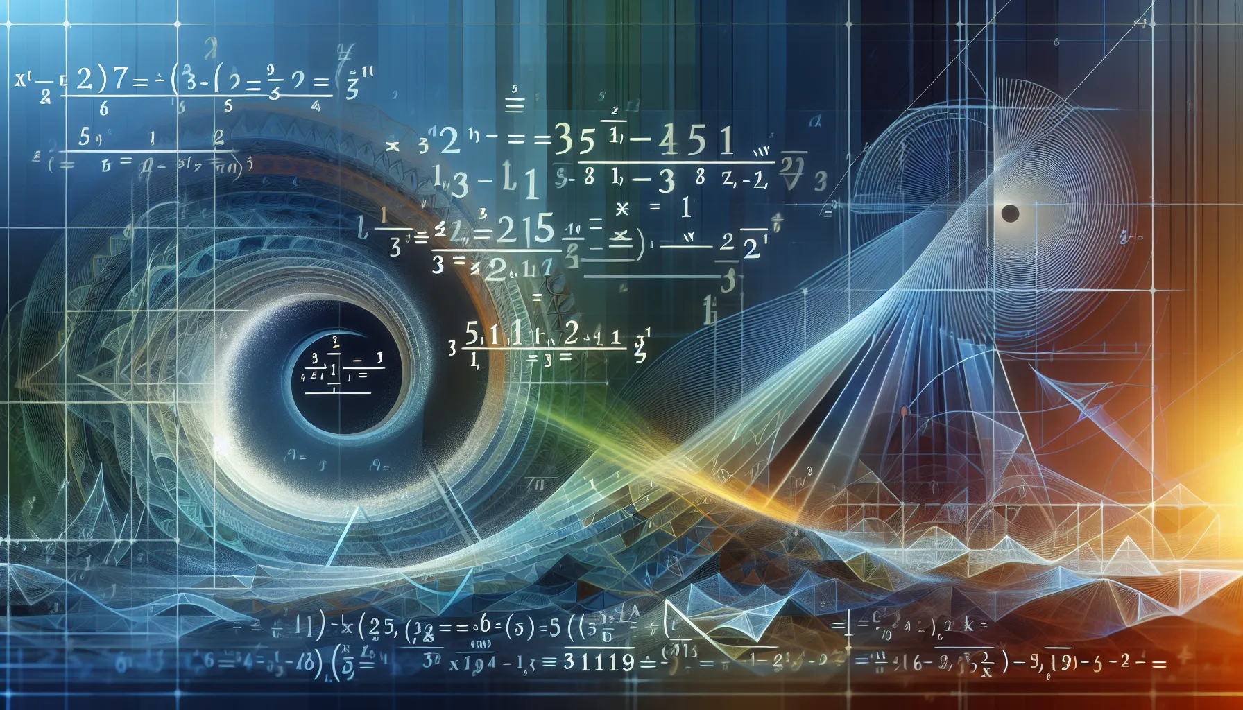 Artistic depiction of irrational numbers with equations and abstract shapes.