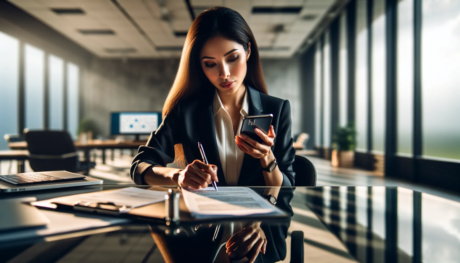 person concerned about phone scams in a modern office.