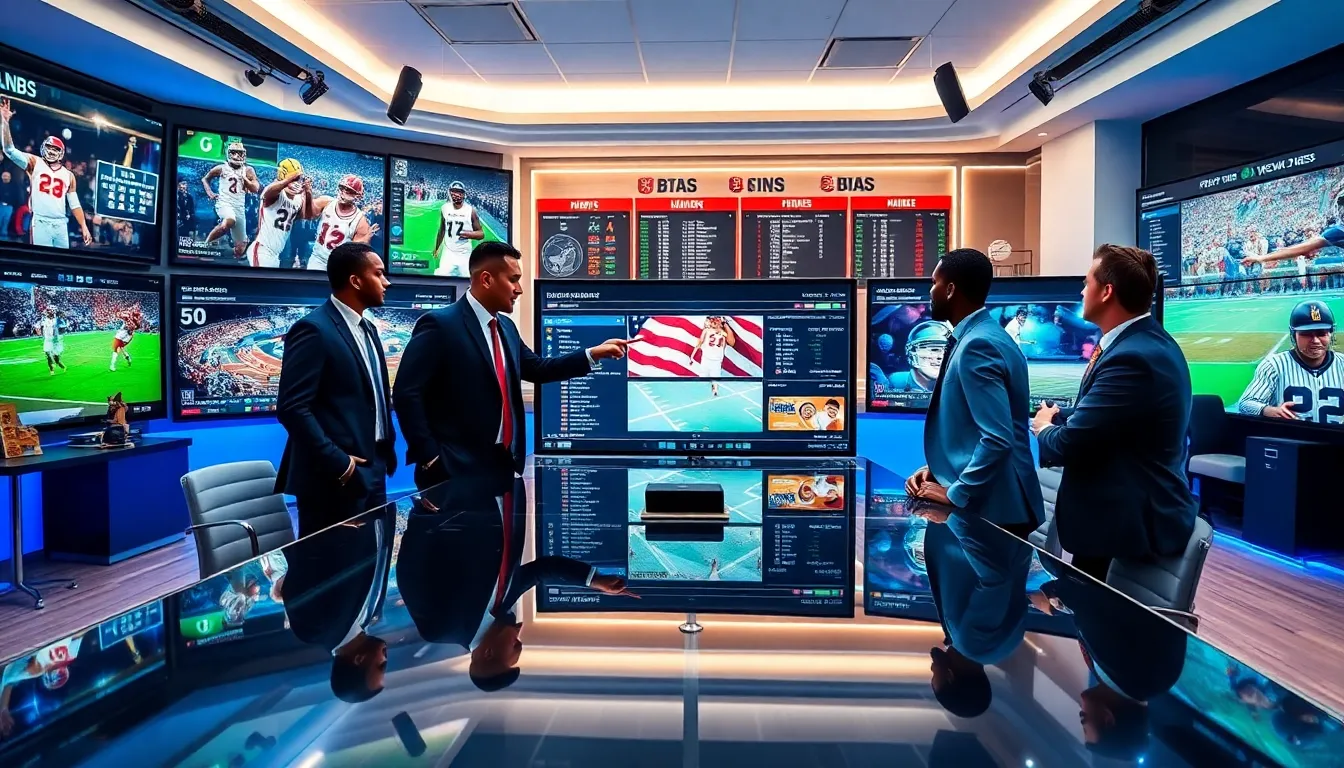 diverse team analyzing sports news in a modern newsroom.