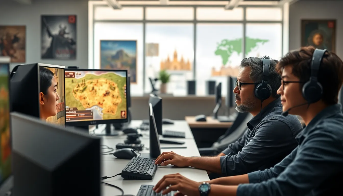 diverse group of gamers playing Age of Empires 3 in a modern office.