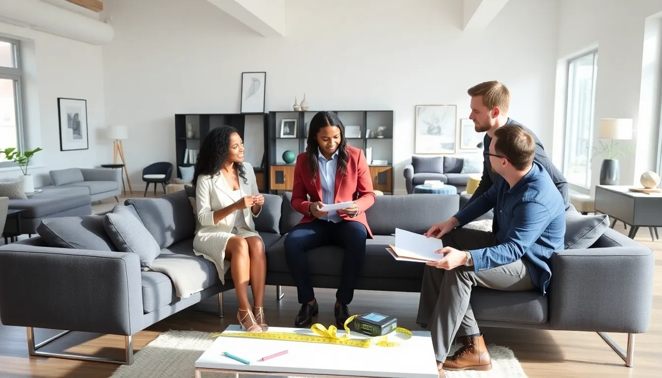 professionals discussing furniture options in a modern living room.