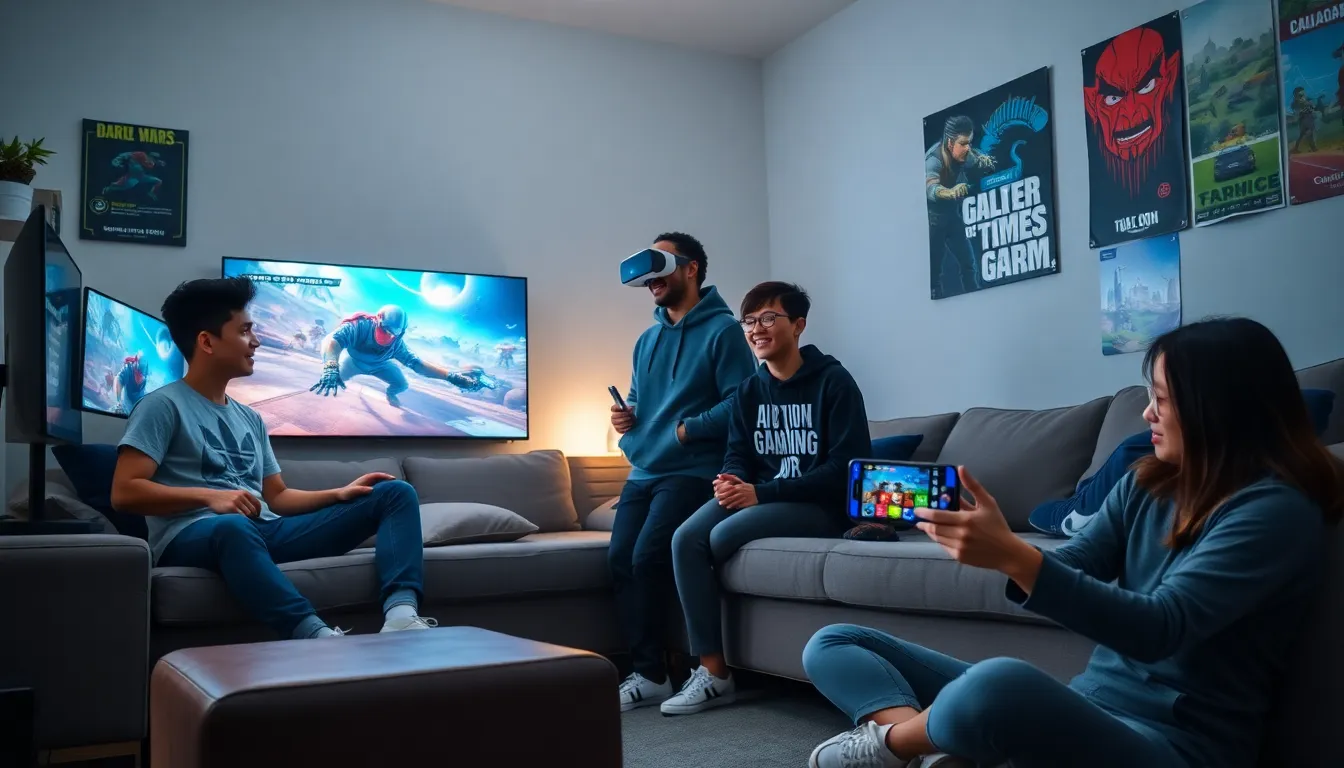 a diverse group of gamers excitedly playing video games in a modern living room.