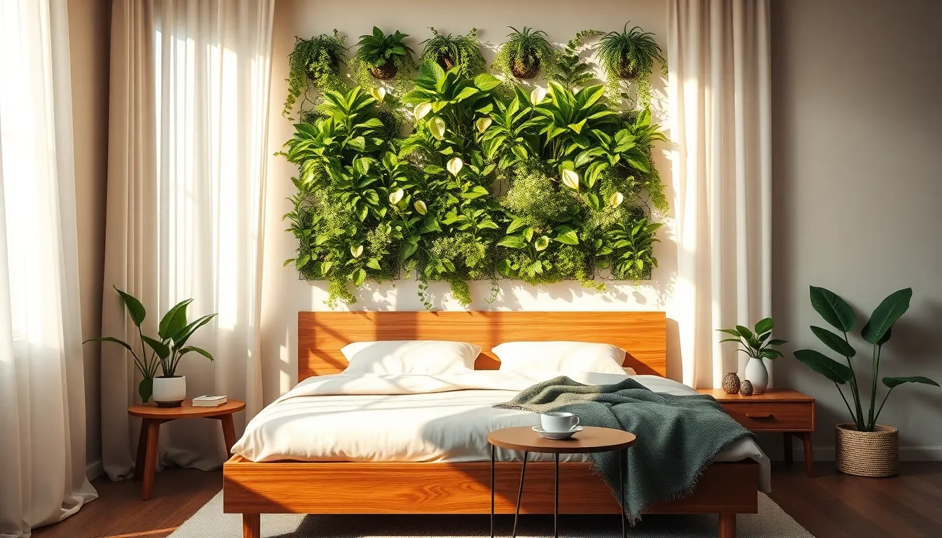 modern bedroom with a vertical garden and natural light.