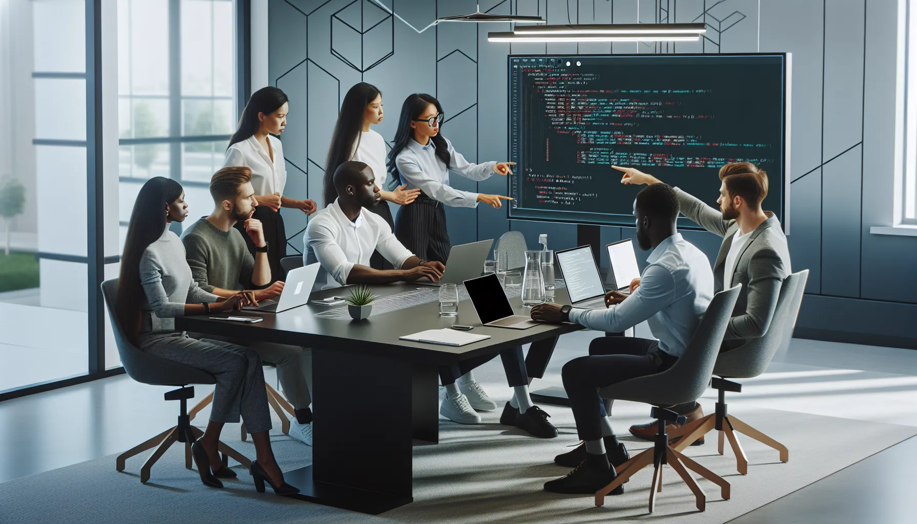 diverse team troubleshooting code errors in a modern office.