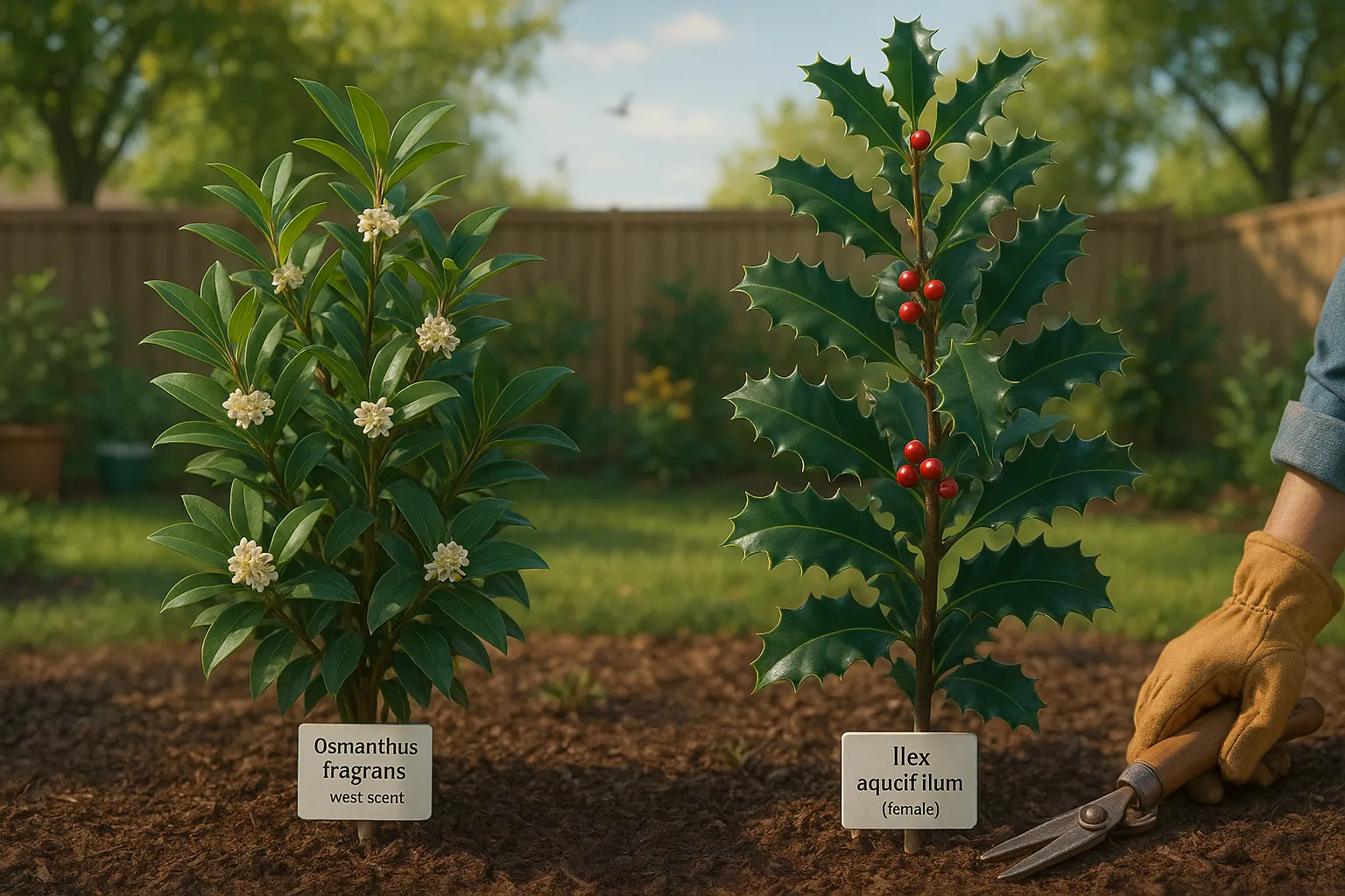 Side-by-side osmanthus shrub with white flowers and holly with red berries.