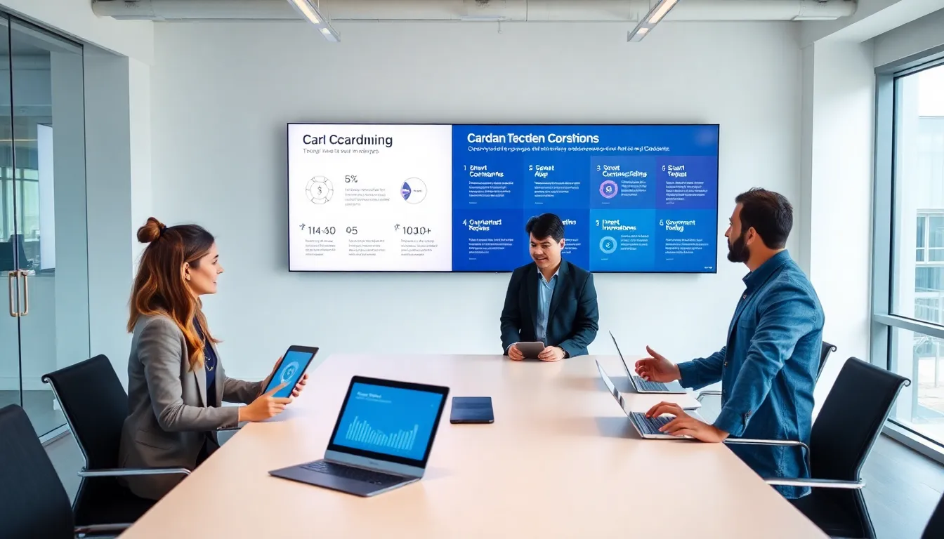 diverse team discussing recent Cardano cryptocurrency developments in a modern office.