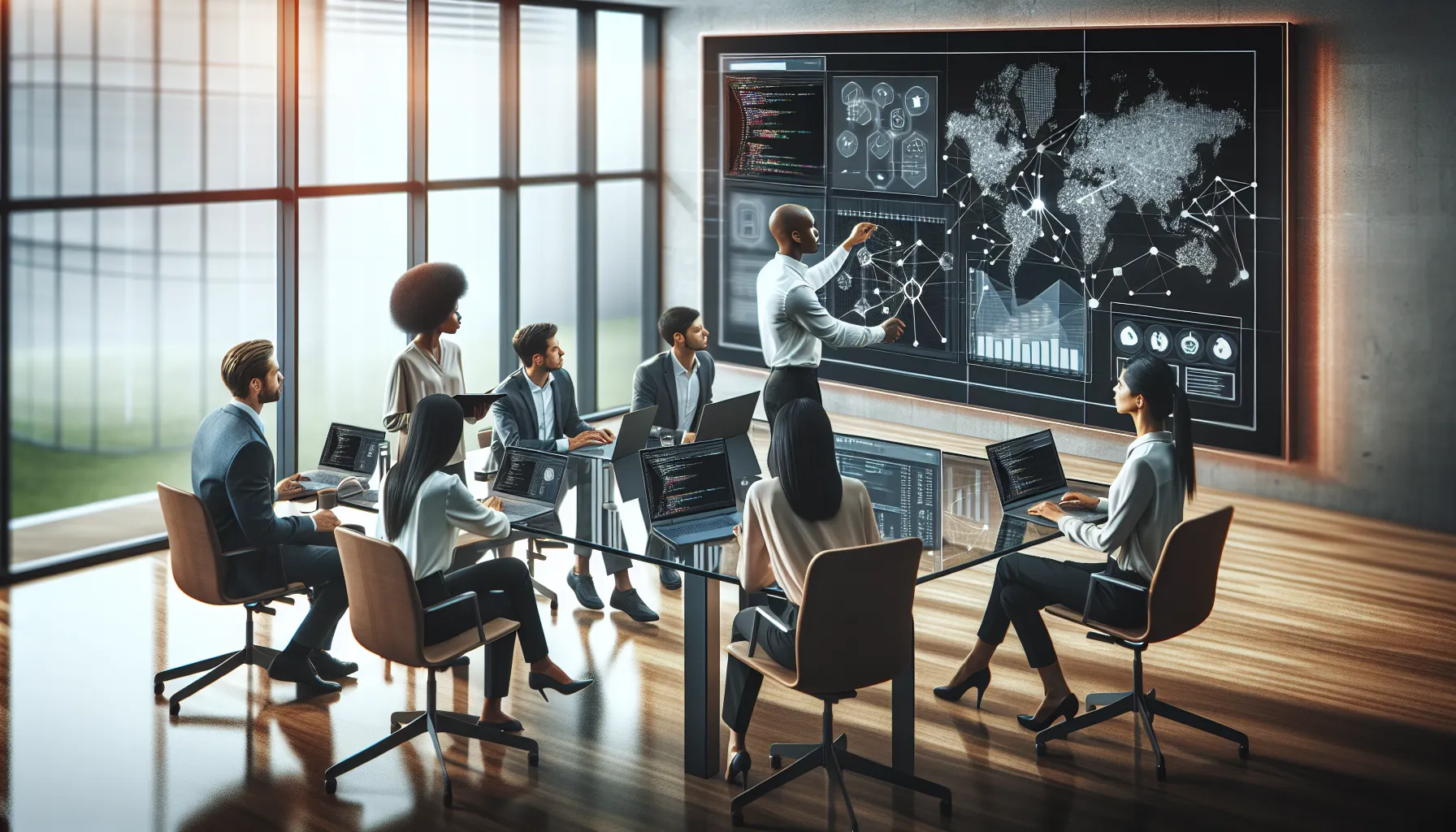 team collaborating in a modern office on a digital tech project.