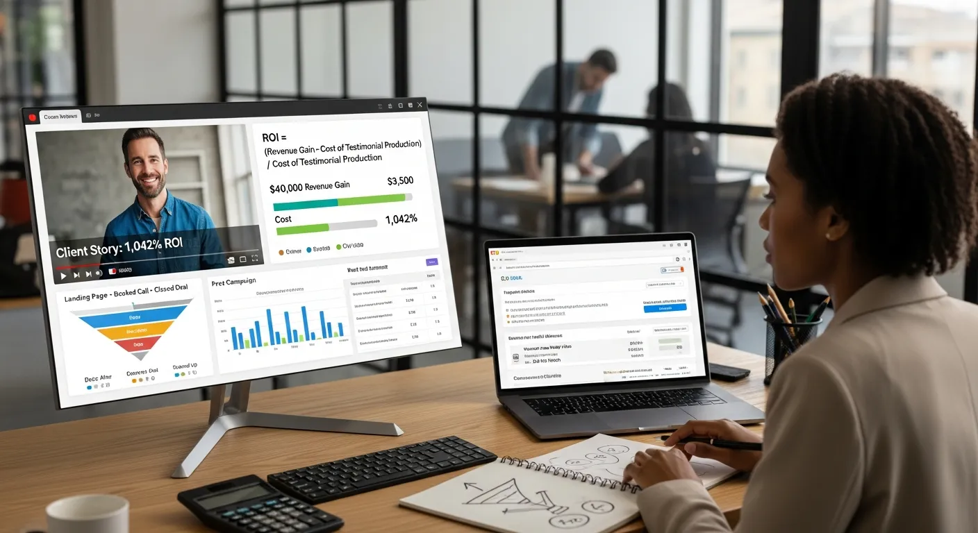 Marketing professional reviews video testimonial ROI dashboard with funnel and attribution data.
