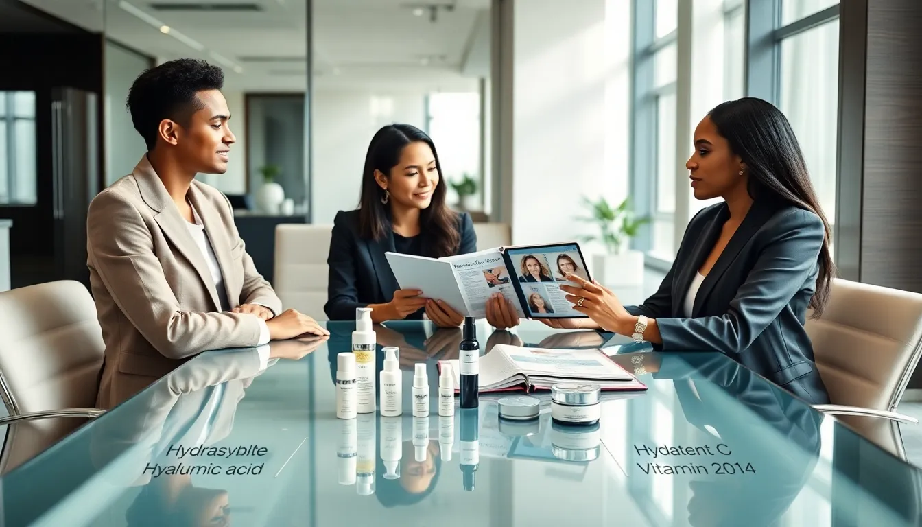 diverse professionals discussing celebrity skincare routines in a modern office.
