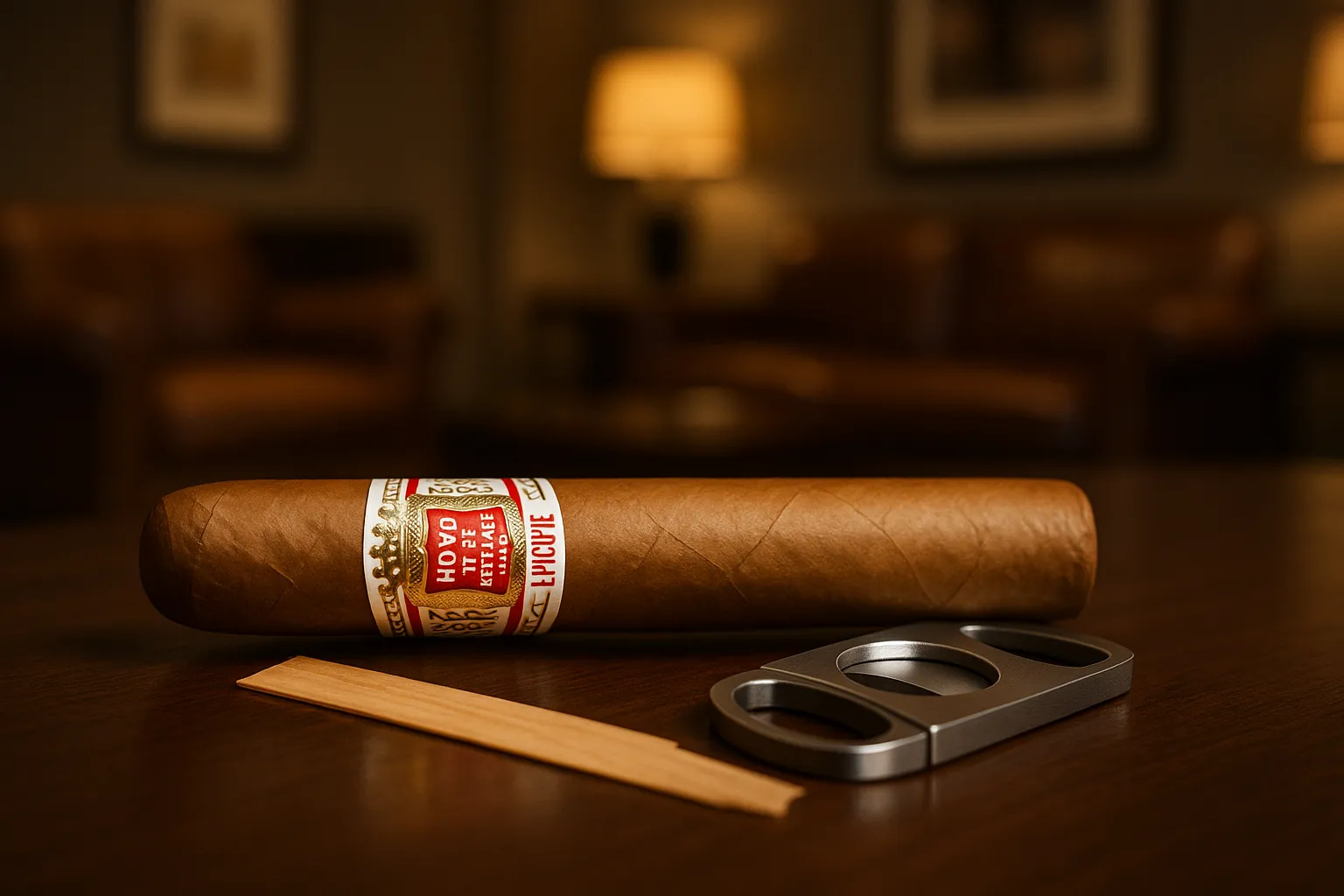 Premium Cuban cigar on a polished table in an upscale lounge.