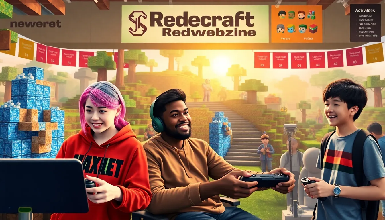 A group of gamers discussing Minecraft strategies in a vibrant virtual hub.