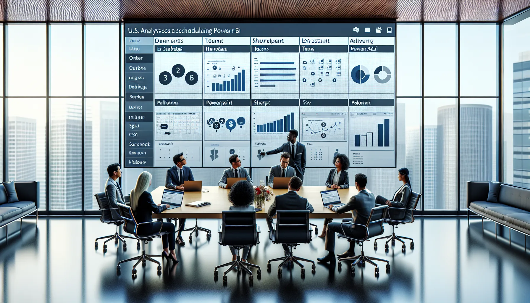 Analytics team planning enterprise Power BI report scheduling in a modern office.
