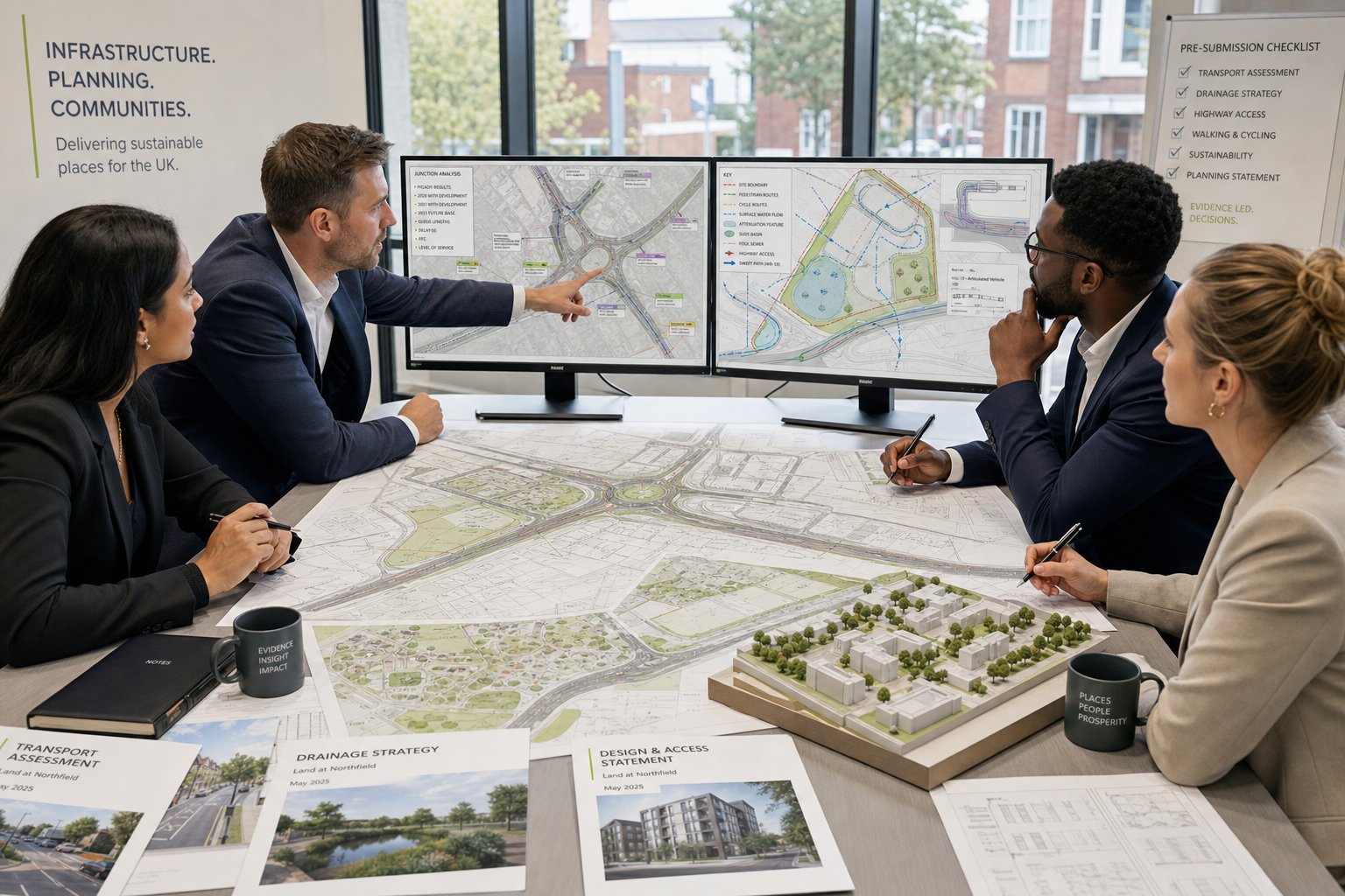Engineers and developers reviewing transport, drainage and access plans in a modern office.