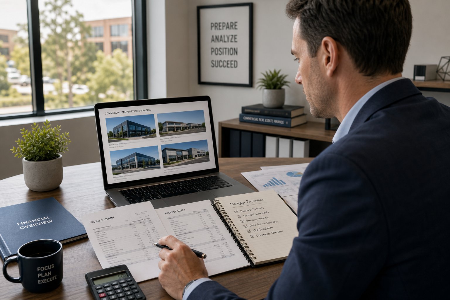 Professional reviewing commercial property details and financial papers at a desk by a window.