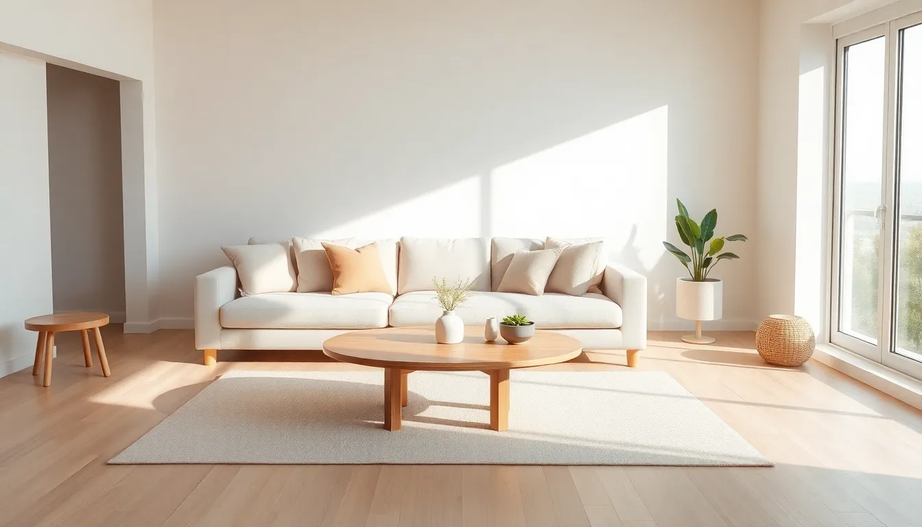 minimalist Japandi living room with natural materials and neutral tones.