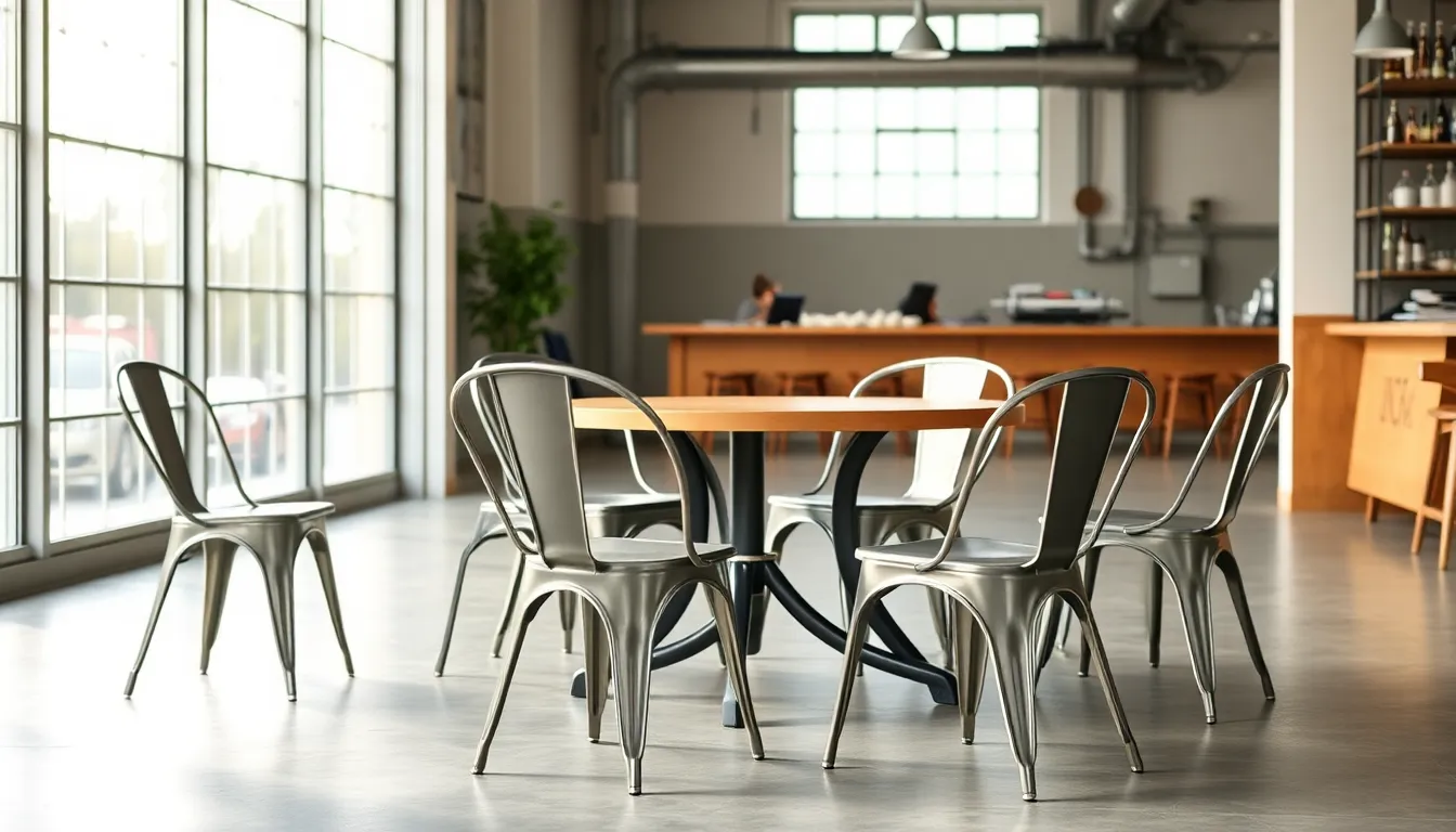 Tolix chairs arranged around a modern table in a light-filled café setting.