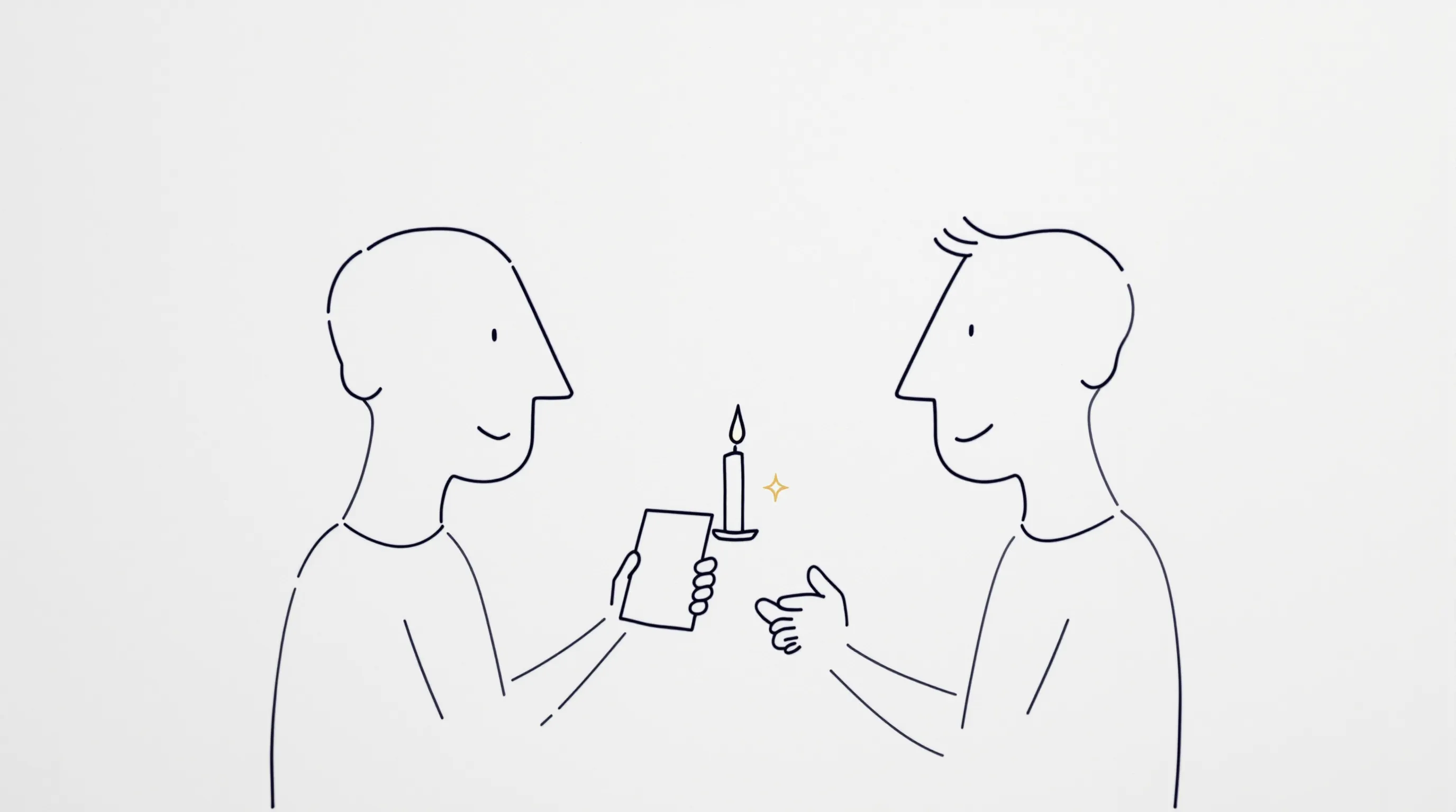 two men sharing a birthday joke and card in playful minimal style