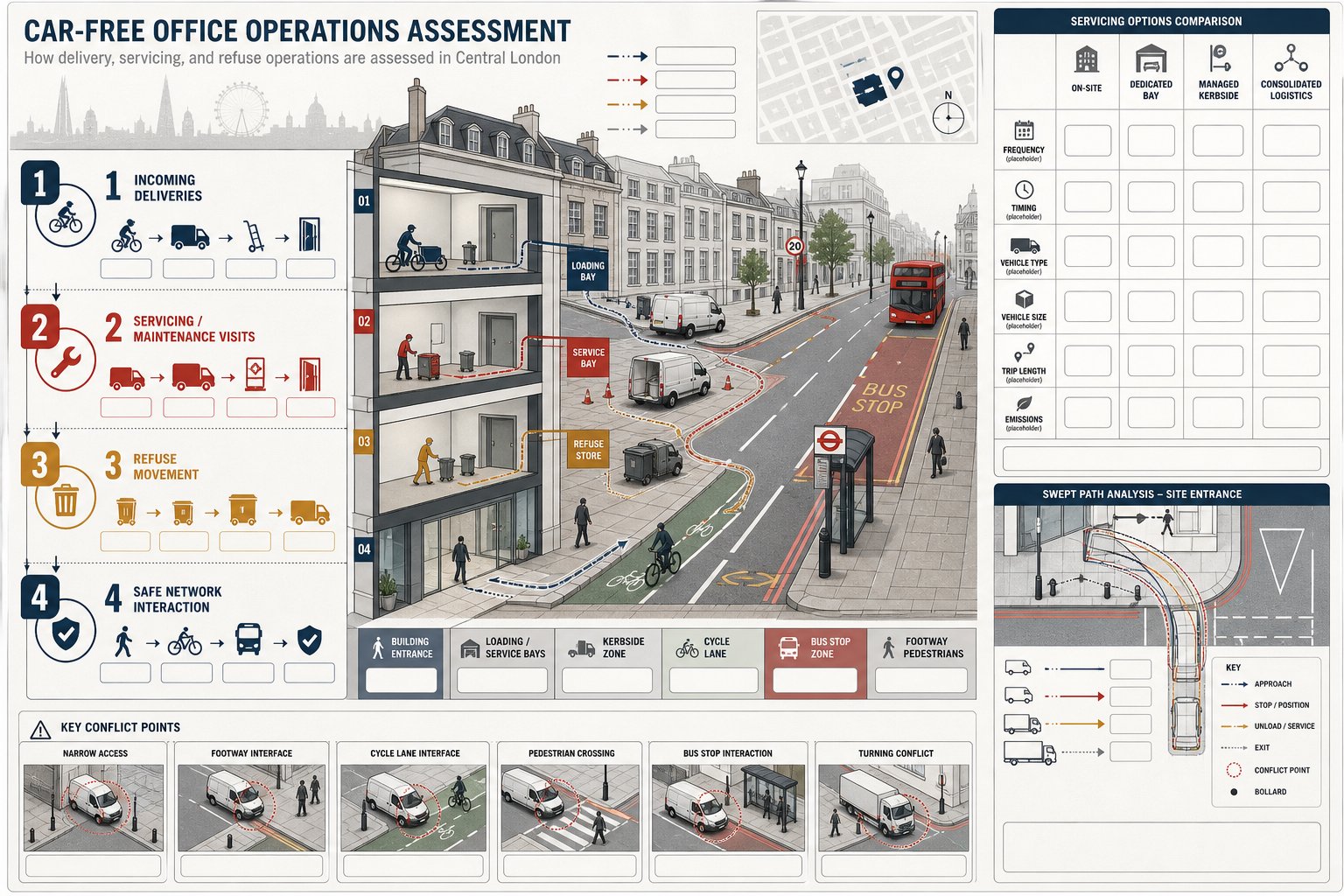 Infographic of deliveries, servicing, and refuse operations for a car-free London office.