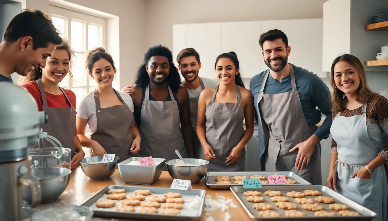 bakers joyfully making cookies in a warm kitchen setting.