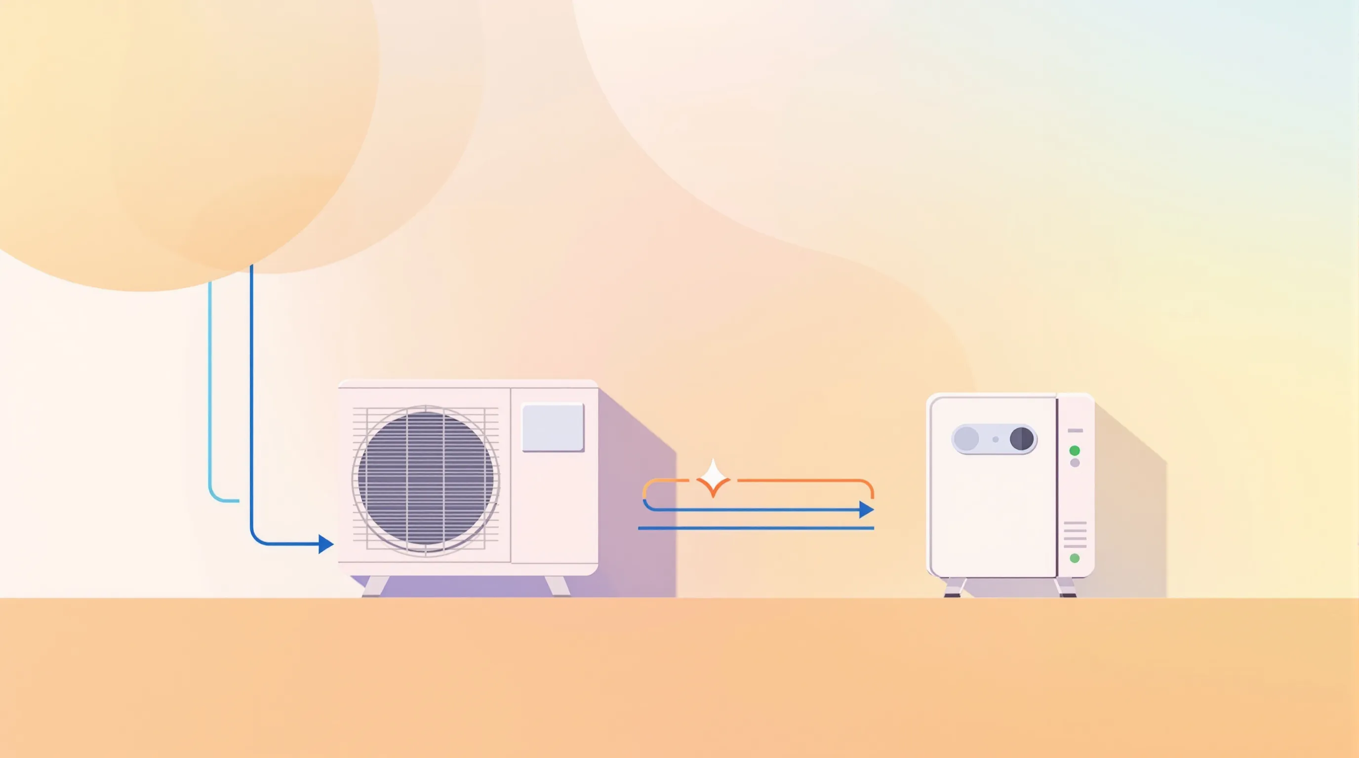 Minimal illustration of a heat pump system with outdoor and indoor units connected.