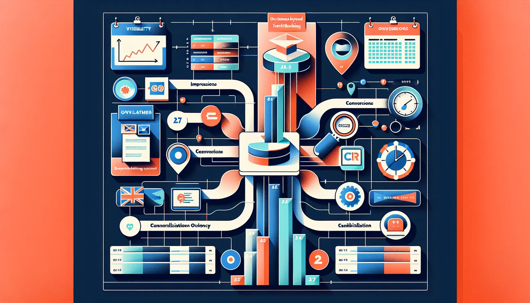 UK-themed infographic measuring SEO impact beyond rank: metrics, consolidation, testing timeline.