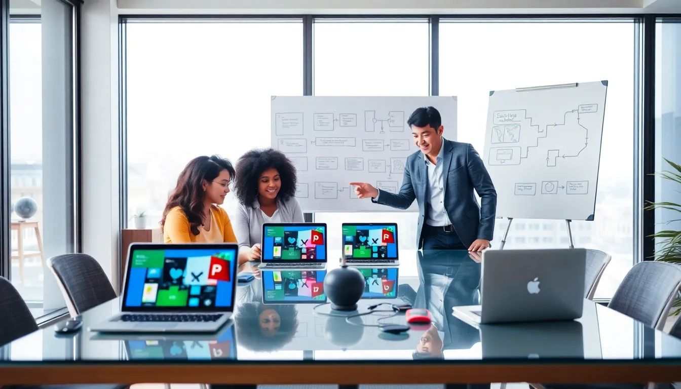 diverse team collaborating on EdTech software development in a modern office.