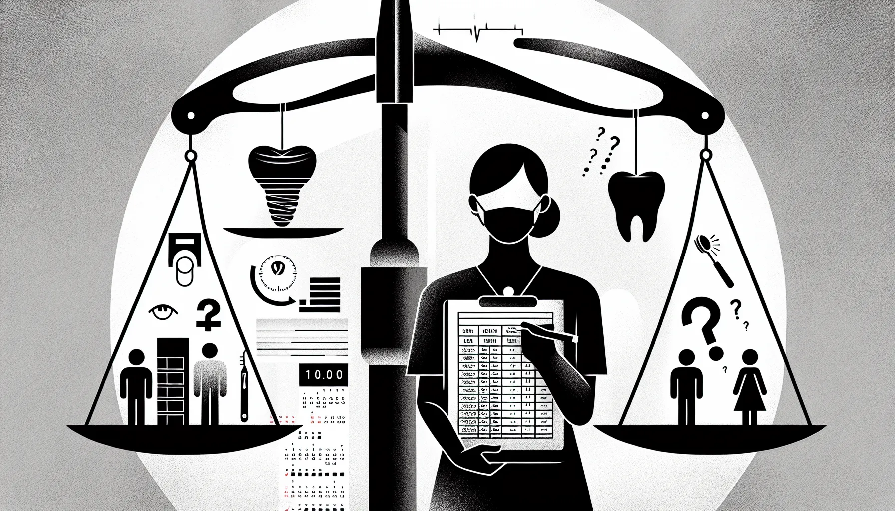 Dental associate with tilted scale, clipboard, calendar, and small support staff silhouettes.