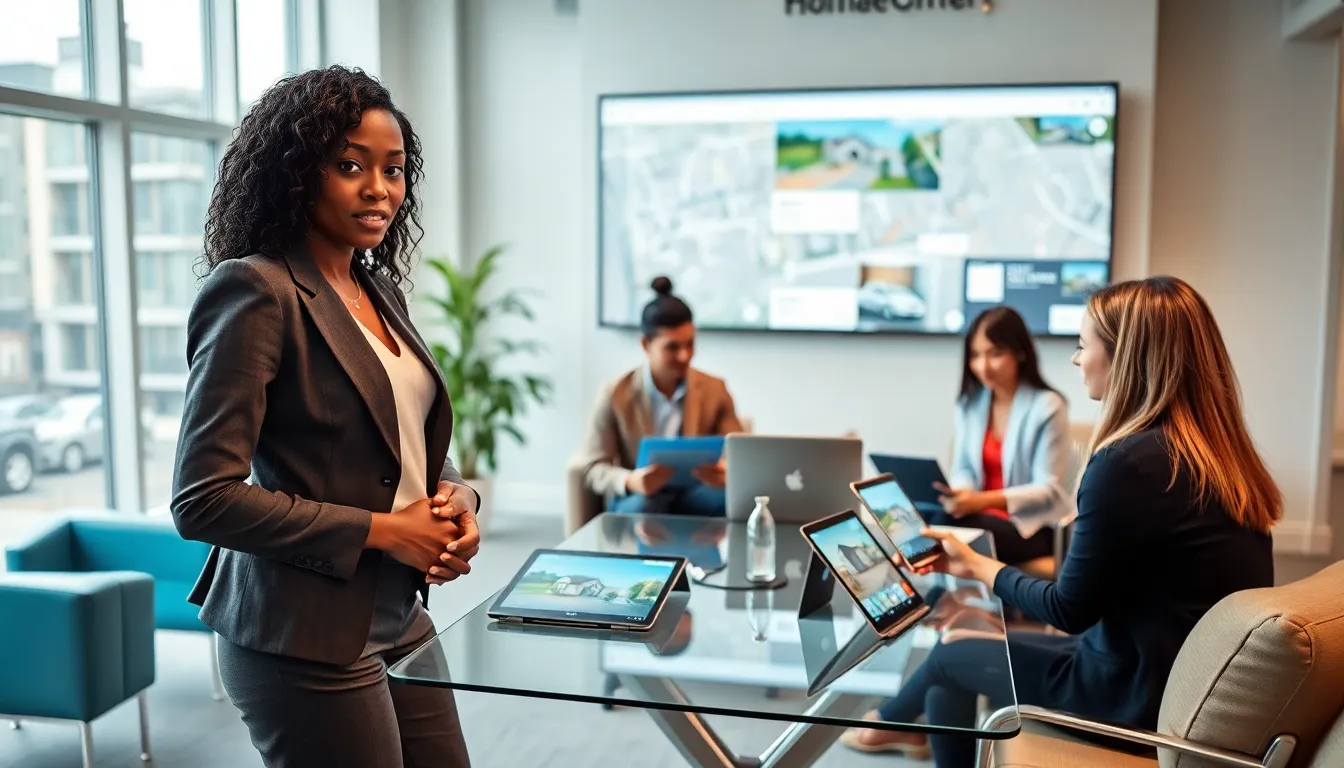 A diverse group discussing real estate technology in a modern office.