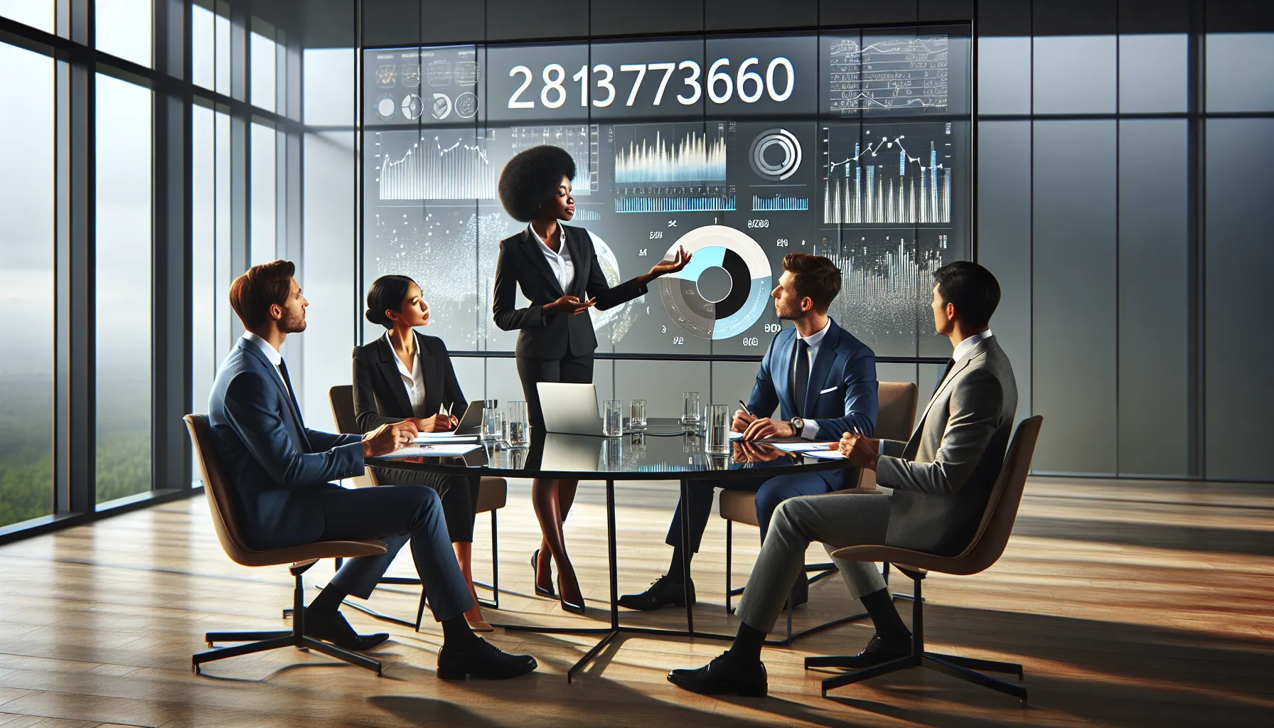 diverse team discussing data analysis in a modern office.