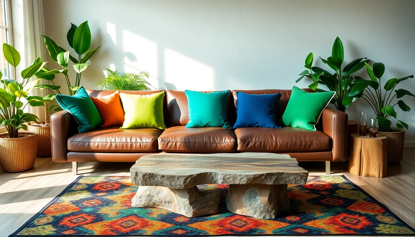modern living room with bold colors and indoor plants.