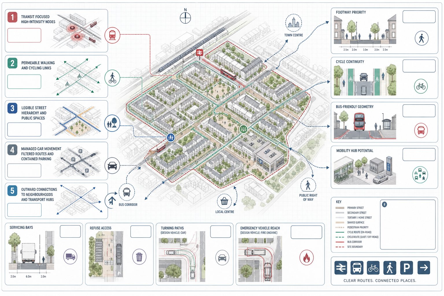 Infographic of mixed-use masterplan transport principles, street networks, servicing and emergency access.